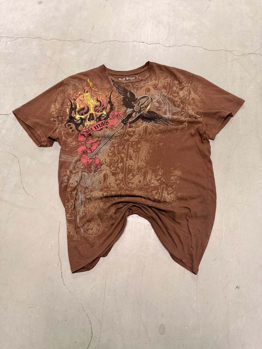 Brad Butter Y2K Graphic Flaming Skull and Sword T-Shirt Brown Size XL